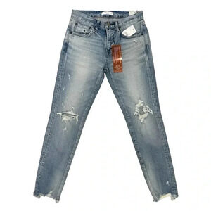 Moussy Vintage Tapered Distressed Jeans Light Blue Denim Ankle Raw hem Size 25